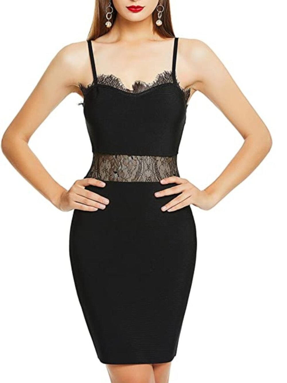 Women's Lace Spliced Panel Eyelash Lace Cami Black Bandage Bodycon Dress L